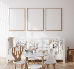 Mock up poster frame in white cozy children room interior background, 3D render