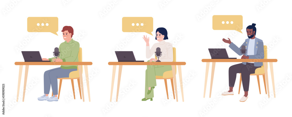 Poster podcasters with laptops sitting at tables semi flat color vector characters pack. editable full body