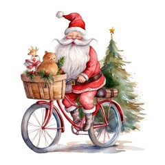Watercolor illustration of cute Santa Claus on a bike. Funny hand drawn character. Christmas illustration.