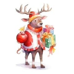 Watercolor cartoon deer dressed as santa claus.
