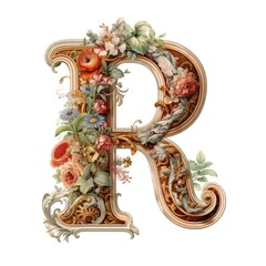 Fototapeta premium letter R Floral monogram. colorful Vintage ornament initial Alphabet spiral scroll style.