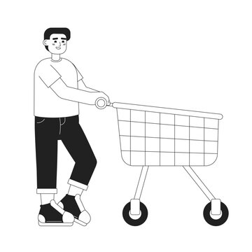 Happy male customer pushing shopping trolley monochromatic flat vector character. Editable thin line full body person on white. Simple bw cartoon spot image for web graphic design, animation