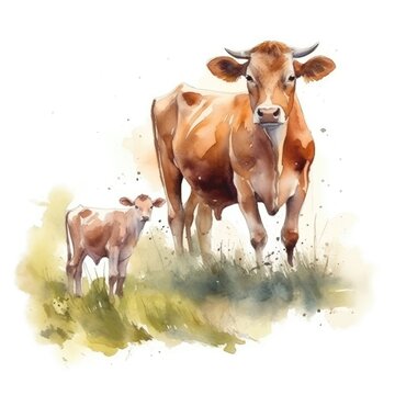 Watercolor cow with calf on the field.