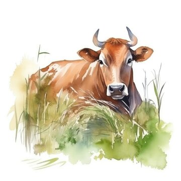 Watercolor cow with calf on the field.