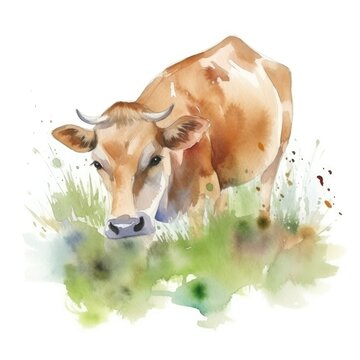 Watercolor cow with calf on the field.