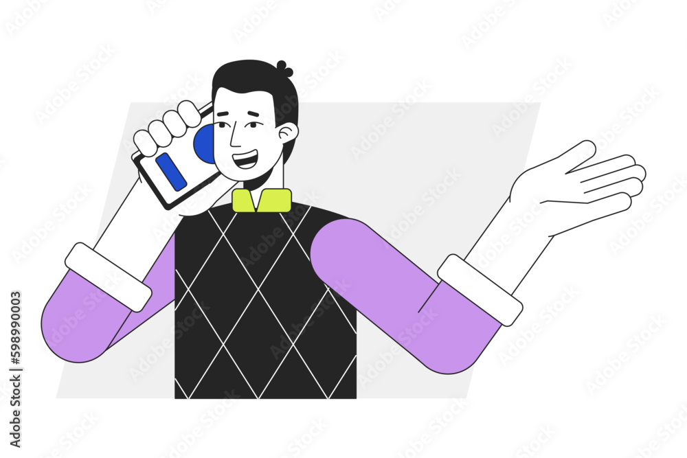 Poster extroverted man having conversation on phone flat line vector spot illustration. making business cal