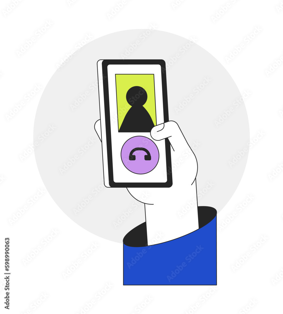 Poster hang up phone call flat line vector spot illustration. tap on decline button to finish call 2d carto