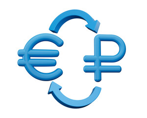 3d Blue Euro And Ruble Symbol Icons With Money Exchange Arrows On White Background, 3d illustration