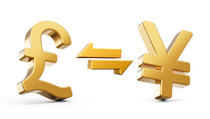 3d Golden Pound And Yen Symbol Icons With Money Exchange Arrows On White Background, 3d illustration