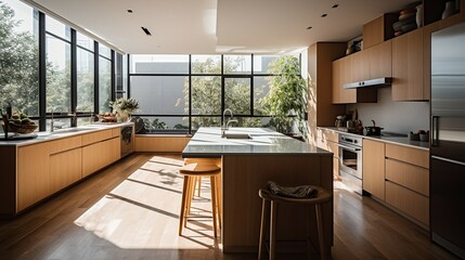 Obraz premium Moderne große Küche in einem wunderschönen Haus mit hochwertigen Materialien erbaut.