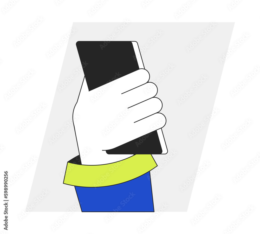 Poster holding cellphone back view flat line vector spot illustration. using electronic gadget 2d cartoon o