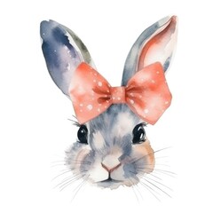 Watercolor cute rabbit with a bow.