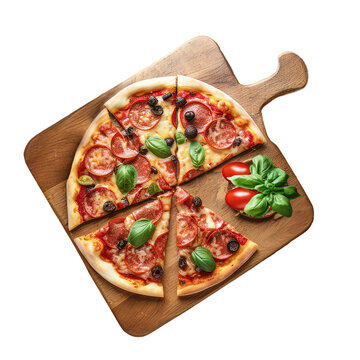 Pizza auf einem Holzbrett in Flatlay Perspektive in St&uuml;cke geschnitten mit Oliven, Tomaten und Basilikum als Freisteller, Generative AI