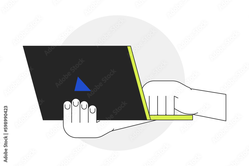 Aufkleber holding laptop closeup flat line vector spot illustration. typing on laptop keyboard 2d cartoon outl