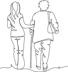 A young girl nurse hugs an elderly woman. Mothers Day. Mother with daughter. line drawing