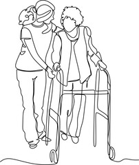 A young girl nurse hugs an elderly woman. Mothers Day. Mother with daughter. line drawing