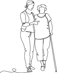 Fototapeta na wymiar A young girl nurse hugs an elderly woman. Mothers Day. Mother with daughter. line drawing
