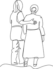 A young girl nurse hugs an elderly woman. Mothers Day. Mother with daughter. line drawing