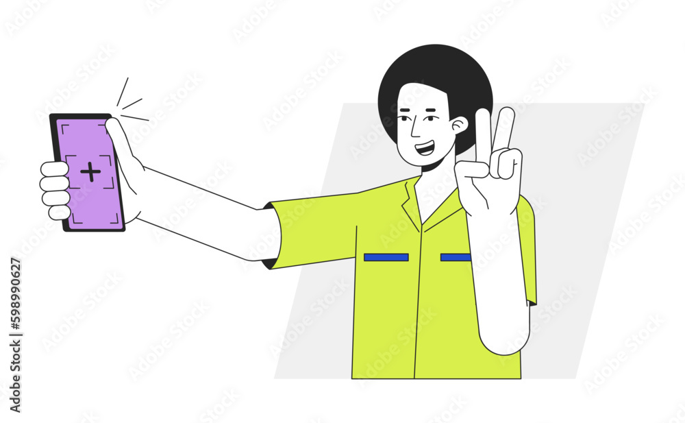 Poster guy with victory gesture posing for selfie flat line vector spot illustration. afro man holds smartp