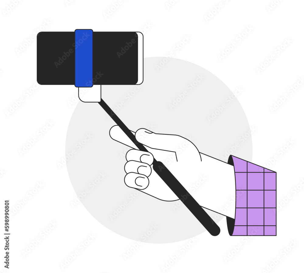 Poster holding selfie stick with smart phone closeup flat line vector spot illustration. taking photo 2d ca