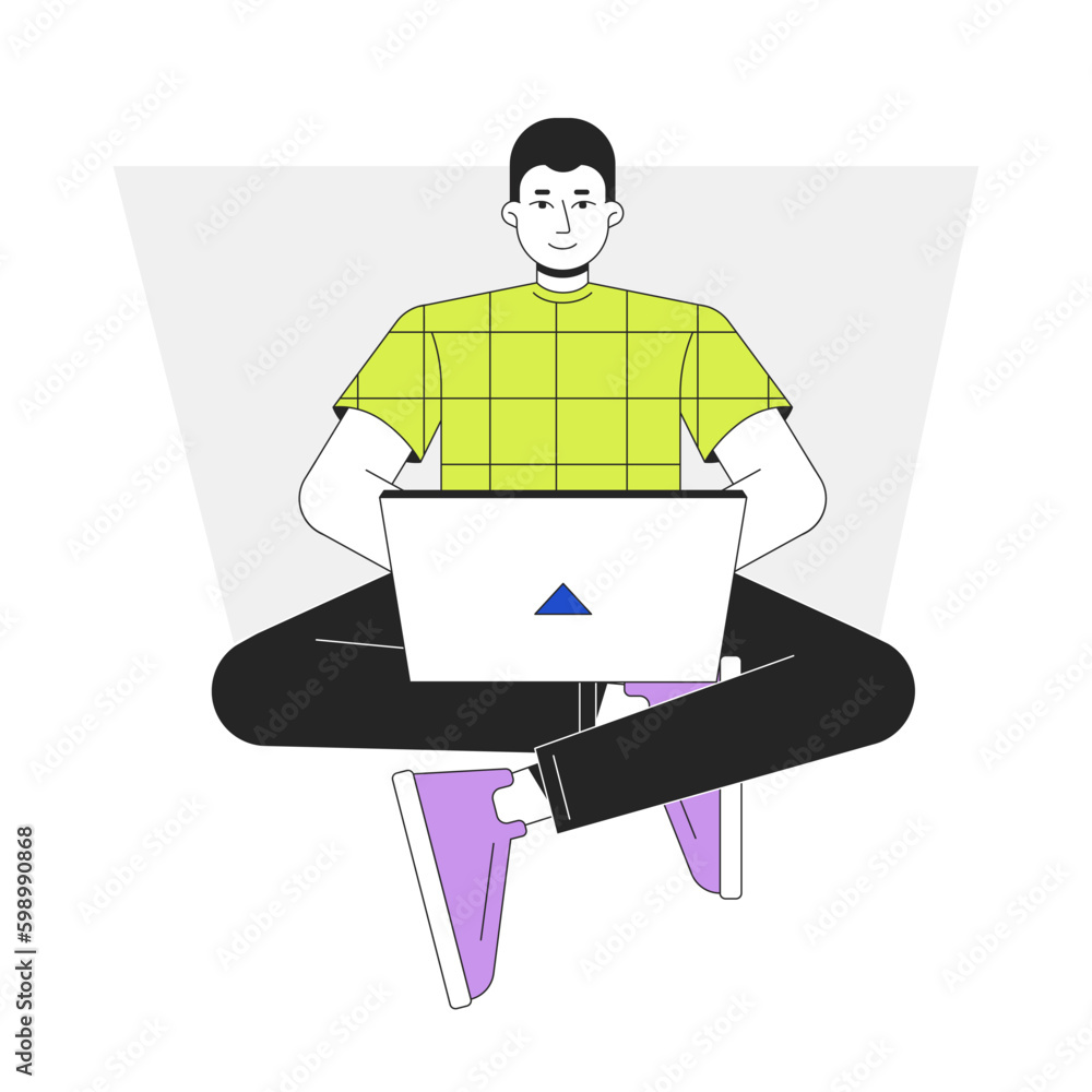 Poster computer specialist working on laptop flat line vector spot illustration. young man sitting with not