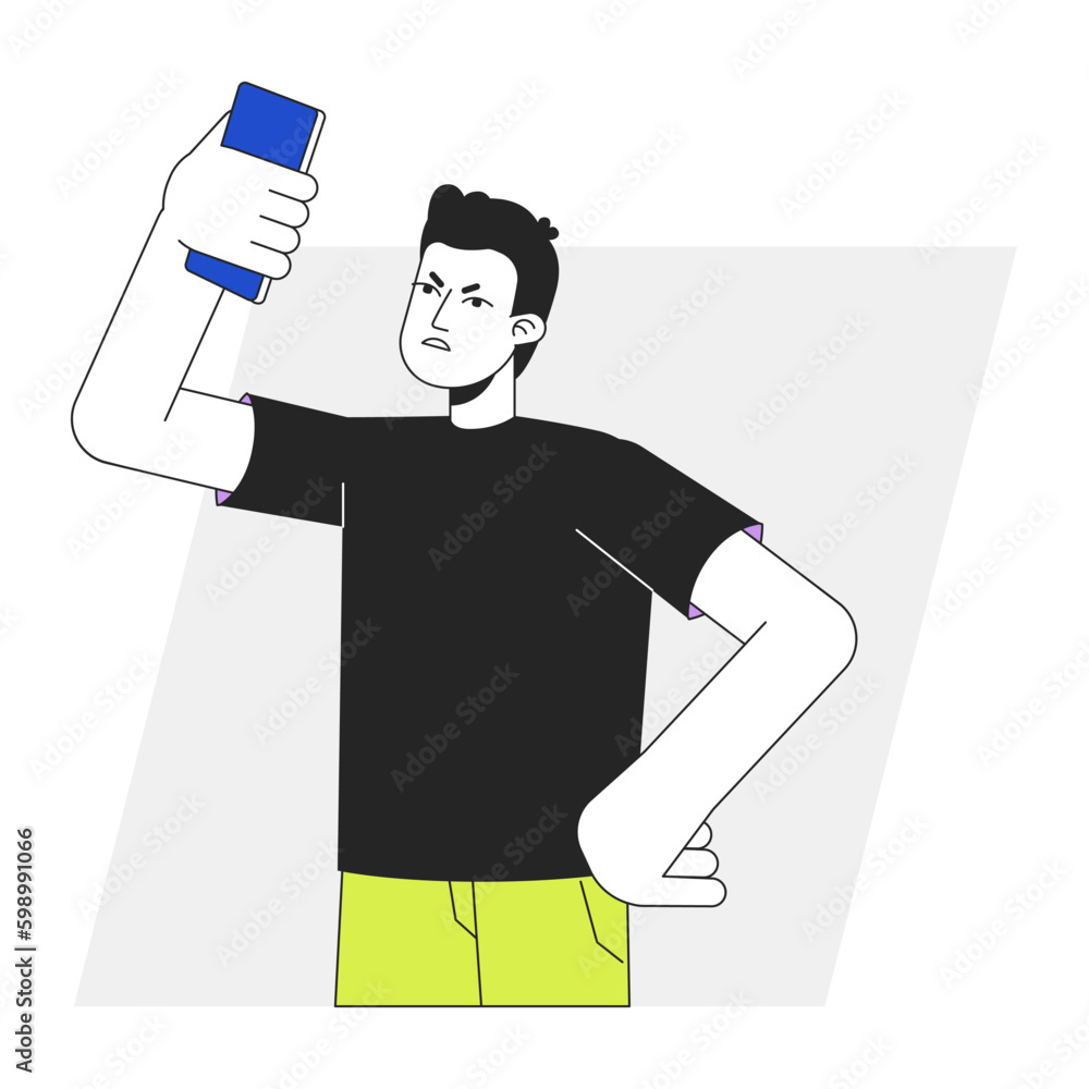 Poster annoyed man searching signal with phone flat line vector spot illustration. 2d cartoon outline chara