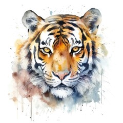 Colorful orange Tiger. Wild animal watercolor illustration on white background.