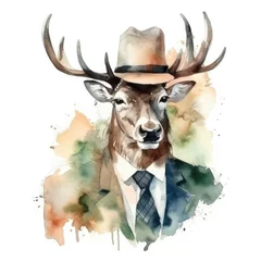 Poster Watercolor hipster deer in a suit and hat. © ku4erashka