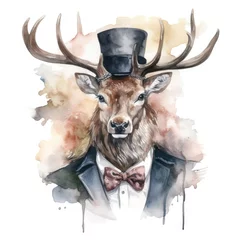 Foto op Aluminium Watercolor hipster deer in a suit and hat. © ku4erashka