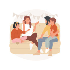 Family conversation isolated cartoon vector illustration. Family discussing plans, people sitting on sofa and talking, leisure time together, family having conversation vector cartoon.