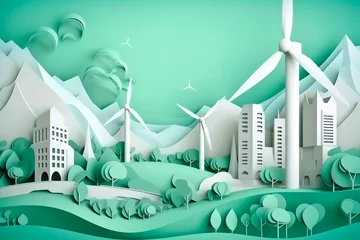 Foto op Plexiglas Koraalgroen Paper cut light bulb with green eco city, future nature energy city, generative ai
