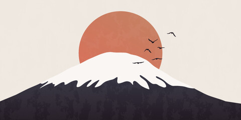 Minimalist mountain silhouette background. Abstract japanese nature panorama sunrise birds silhouettes. Vector landscape Generative AI