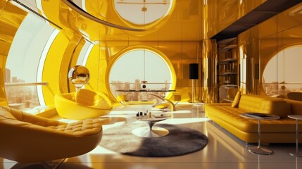 Experience Bionic Interior Luxury with Mustard Shiny Walls and Award-Winning Design in a Vintage Dining Room with 8K HD Stylization, Generative AI