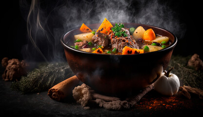 Satisfying bowl of beef stew with tender chunks of meat, carrots, and potatoes. Generative AI.
