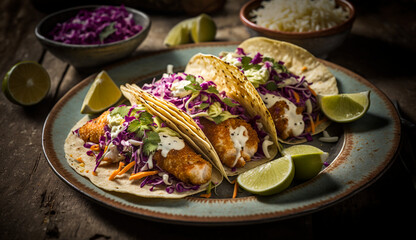 Fresh and delicious crispy fish tacos with cabbage slaw. Generative AI.