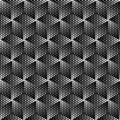 Abstract geometric pattern with dotted cubes. Monochrome hexagons in halftone style with white dots on a black background. Seamless vector illustration for textile, texture, wrapping, and packaging.