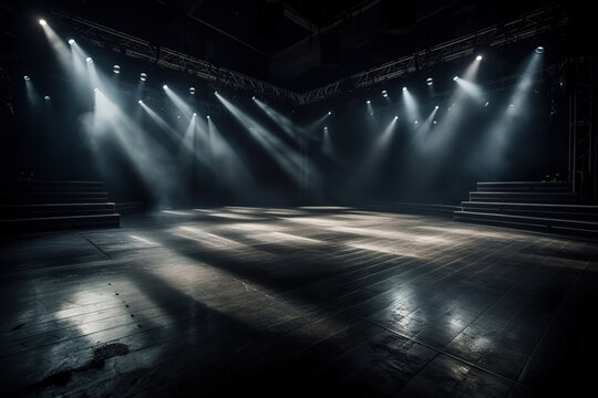 Concert hall, wooden empty stage illuminated by spotlights. Generative AI.