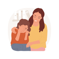 Comforting isolated cartoon vector illustration. Mother and daughter sit on sofa, sympathetic mom hugging, parent calming kid, teenager problems and tears, people communication vector cartoon. - 598992011