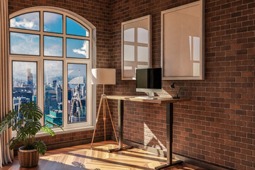 modern standing desk pc workplace in daylight downtown skyline office; home decoration desing and home office concept; 3D Illustration
