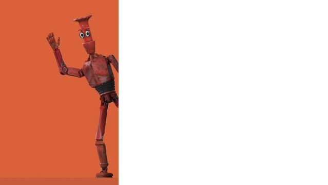 Robot Cartoon funny 3D video render - wave your hand to greet, isolate on orange