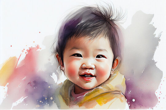 Portrait of an Asian child, capturing the beauty and grace of his features with delicate brushstrokes and vivid colors, generative ai