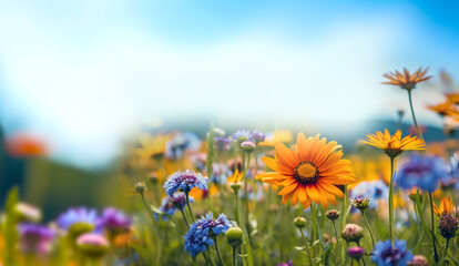 Colorful flower meadow with sunbeams and blue sky and bokeh lights in summer - nature background...