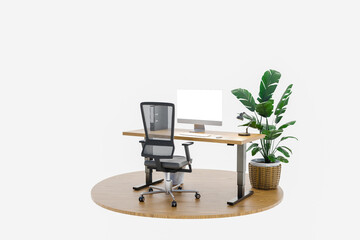 single isolated computer workspace on wooden podium with giant widescreen monitor; freelance and home office concept; 3D Illustration