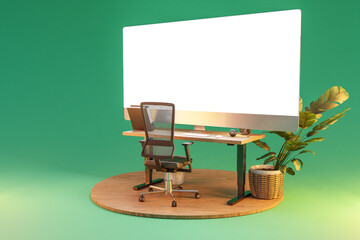 single isolated computer workspace on wooden podium with giant widescreen monitor; freelance and home office concept; 3D Illustration