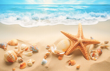 Fototapeta na wymiar Seashells and starfish on the beautiful tropical beach and sea with blue sky background. Summer vacation concept
