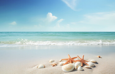 Fototapeta na wymiar Seashells and starfish on the beautiful tropical beach and sea with blue sky background. Summer vacation concept