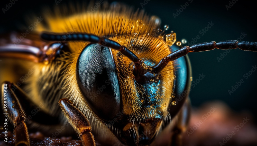 Poster small bee collects pollen on yellow flower generative ai