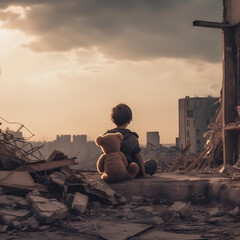 A lonely lost kid with his teddy bear sitting on the ruins of a big destroyed city after the end of the world or after a big disaster like earthquake or flood. Armageddon concept. Generative AI