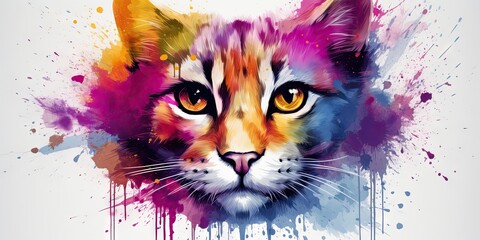 Naklejka premium a colorful cartoon cat head surrounded by paint splatters Generative AI