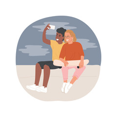 Romantic selfies isolated cartoon vector illustration. Teen couple taking selfies at roof, teenager lifestyle, romantic moment, relationship, first love, happy together vector cartoon.